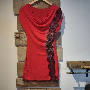 Elegant Red Dress with Black Lace Detail